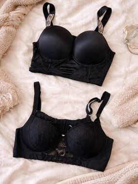 Bebe Longline Bra Bundle 38C Black Lace Rhinestone Logo 2 Piece Set